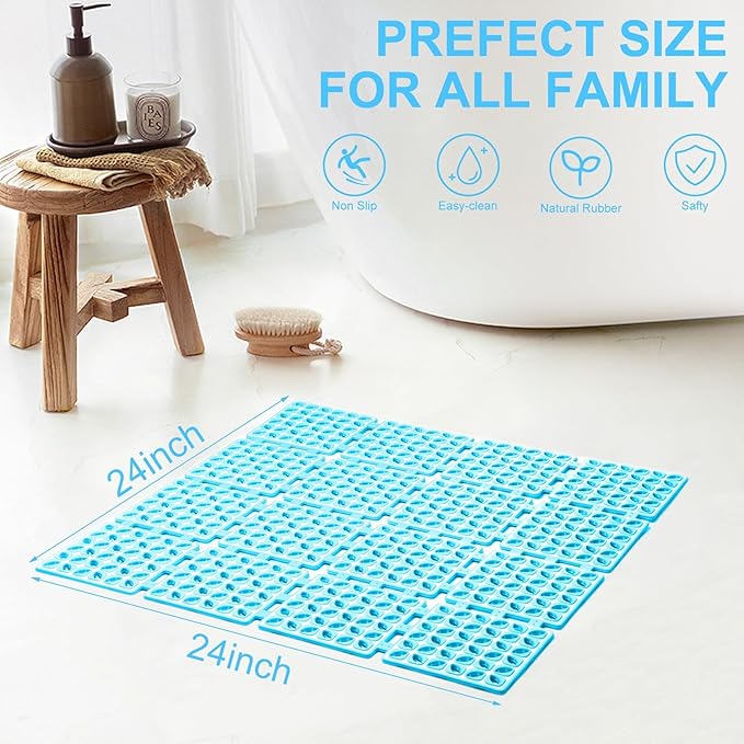 Shower Mat Non Slip，24"X24" Bathtub Mat Non Slip Square Shower Mats for Inside Shower with Drain Holes Suction Cups, Quick Drain, TPE Shower Floor Mat for Elderly & Kids (Blue)