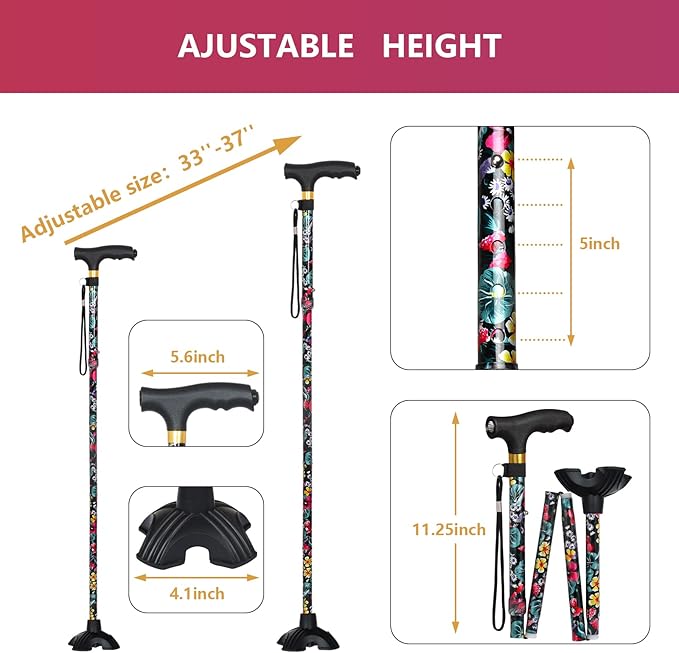 Walking Cane with LED Light, Foldable,Adjustable, Self Standing Walking Canes for Men & Women,Walking Sticks with Quad Base for Seniors & Adults