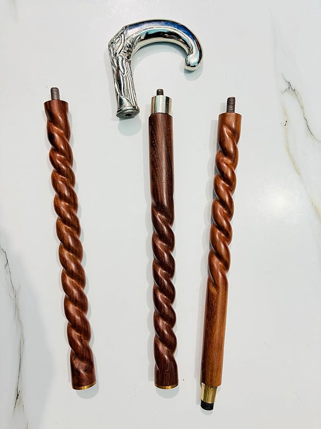 Silver Handle Wooden Walking Cane for Men & Women, Vintage Walking Stick, Twisted Wood Cane, Halloween Costume Prop, Victorian Gentlemen Cane, Antique Brass Walking Stick Gift