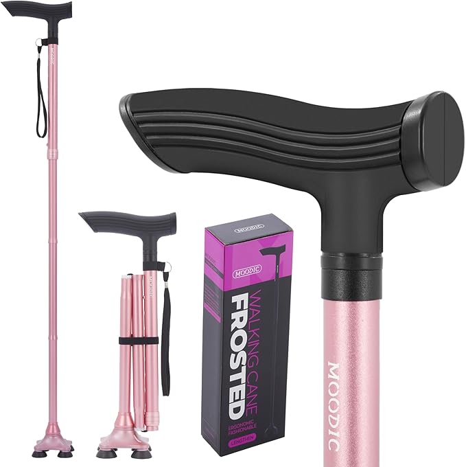 Walking Canes for Women Fashionable with Extended and Thickened Handle. Foldable; Adjustable; Collapsible; Quad Cane for Men for Stability Balance (Basic & Pink)