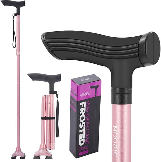 Walking Canes for Women Fashionable with Extended and Thickened Handle. Foldable; Adjustable; Collapsible; Quad Cane for Men for Stability Balance (Basic & Pink)