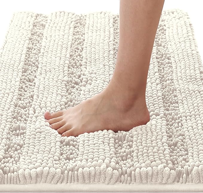 H.VERSAILTEX Bathroom Rugs Bath Rugs for Bathroom Non Slip Bath Mats Extra Thick Chenille Striped Rug 17" x 24" Absorbent Soft Shaggy Washable Dry Fast Bath Mats for Bath Room Floor - Ivory