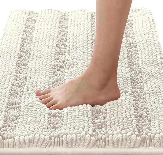 H.VERSAILTEX Bath Rugs for Bathroom Non Slip Bath Mats Extra Thick Chenille Striped Rug 20" x 32" Absorbent Non Skid Fluffy Soft Shaggy Washable Dry Fast Plush Mat for Indoor, Bath Room, Tub - Ivory