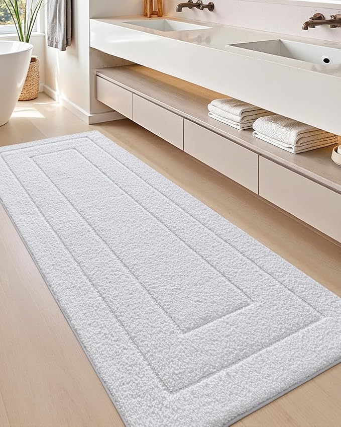 DEXI Bathroom Rug 60x24, Non Slip Washable Bath Mat Runner for Shower Floor, Extra Long Absorbent Soft Bathmat with Rubber Backing, Quick Dry Microfiber Carpet, White