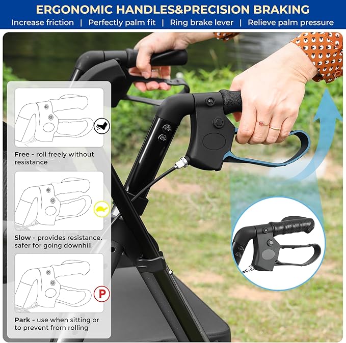 Foldable Rollator Walker for Seniors with Seat, Lightweight 2 in 1 Rolling Walkers Wheelchair Combo for Adult, Transport Chair with Brakes, Adjustable Seat and Handle, 300 Lb. Weight Capacity, Grey