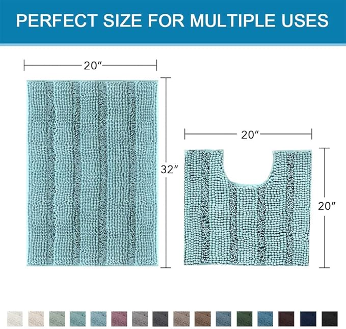 H.VERSAILTEX Bathroom Rugs Set 2 Piece Bathroom Contour Rug Toilet Mat Sets, Non Slip, Contou,r Ultra Thick, Water Absorbent, Striped Bath Rug, Washable(20" x 32" Plus 20" x 20" U, Aqua Haze)