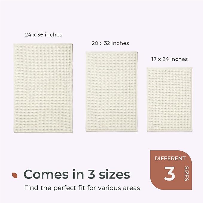 FRESHMINT Thick Chunky Chenille Bathroom Rugs 20"x32", Non Slip Bath Mat for Bathroom Floor, Soft Bathroom Decor Accessories, Cute Shower Mat Water Absorbent, Washable, Cream White