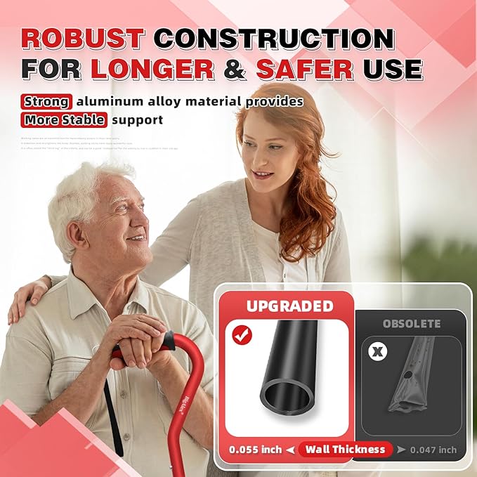 BigAlex Quad Cane, Foldable Adjustable Walking Cane for Men & Women with Stable 4-Pronged Base for Extra Stability & Balance, Heavy Duty, Lightweight, Soft Offset Handle Stick for Seniors & Elderly