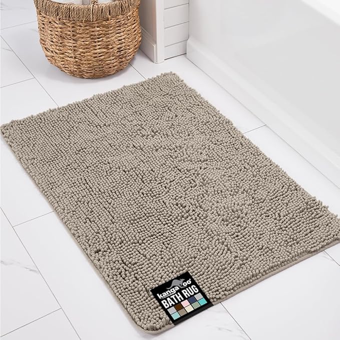 KANGAROO Bathroom Rugs, Chenille Soft Absorbent Bath Rug, Shaggy Shower Mat, Quick Dry Machine Wash Bathmat, Plush Carpet Mats for Tub, Bathtub and Room Home Decor Accessories, 36x24, Beige