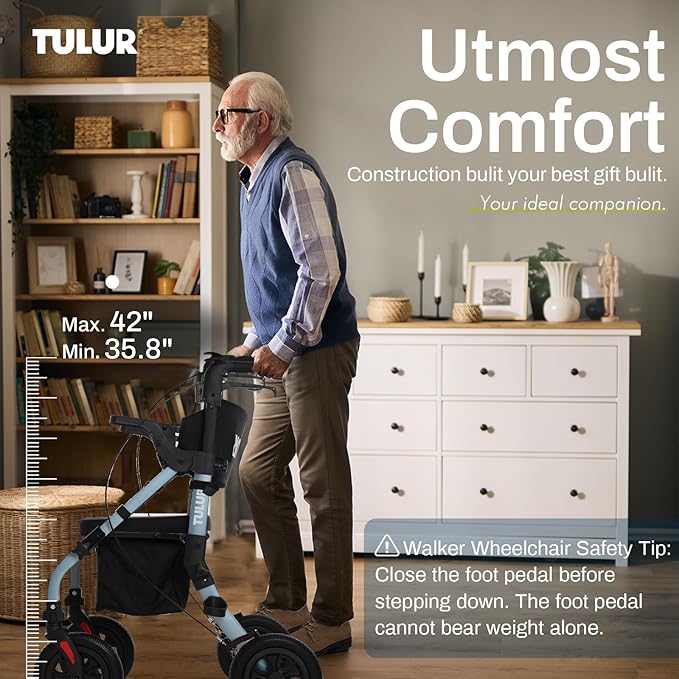 All Terrain Walker Wheelchair Combo,Rollator Walker with Seat for Seniors with Footrest,Transport-Wheelchair Combo,2 in 1 Rolling Walker Chair with Wide Backrest by Tulur (Blue)-New