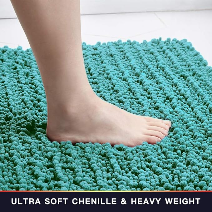 Walensee Bathroom Contour Rug Non Slip Toilet U Shaped Bath Mat (20x24, Turquoise) Water Absorbent Super Soft Shaggy Chenille Machine Washable Dry Extra Thick Perfect Absorbant Best Plush Carpet