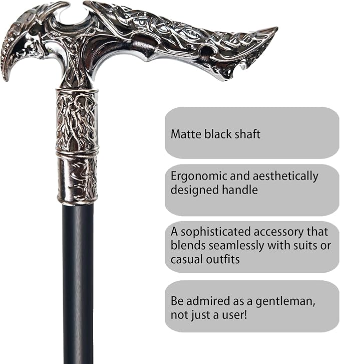 Walking Cane for Men & Women & Seniors - 36.5 Inch Heavy Duty 500+ lbs Capacity, Ergonomic Handle, Ornate & Decorative, Elegant Matte Black & Silver Metal Cane with Goth & Gothic Aesthetic