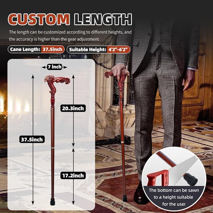 BeneCane Handmade Wooden Walking Cane for Men and Women, Detachable Eagle Handle Walking Stick, Fashionable Unisex Cane with Ergonomic and Comfort Grip Handle