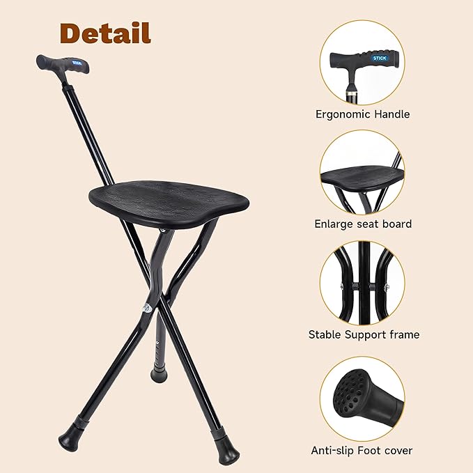 UNLICON-Brown Folding Cane Stool with Seat – Lightweight Adjustable Walking Cane for Seniors, Ergonomic Design, 330 lbs Capacity, Portable and Convenient Cane Chair with Anti-Slip Feet