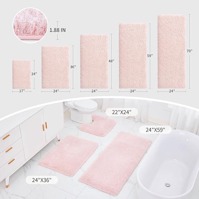 Pink Bathroom Rug 24x48 Non Slip Fluffy Bath Mat for Bathroom Floor Washable Plush Luxury Bath Rug for Tub Soft Shaggy Absorbent Shower Sink Mat