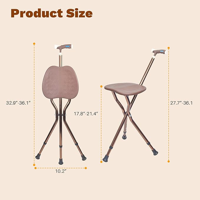 UNLICON-Brown Folding Cane Stool with Seat – Lightweight Adjustable Walking Cane for Seniors, Ergonomic Design, 330 lbs Capacity, Portable and Convenient Cane Chair with Anti-Slip Feet