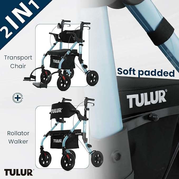All Terrain Walker Wheelchair Combo,Rollator Walker with Seat for Seniors with Footrest,Transport-Wheelchair Combo,2 in 1 Rolling Walker Chair with Wide Backrest by Tulur (Blue)-New