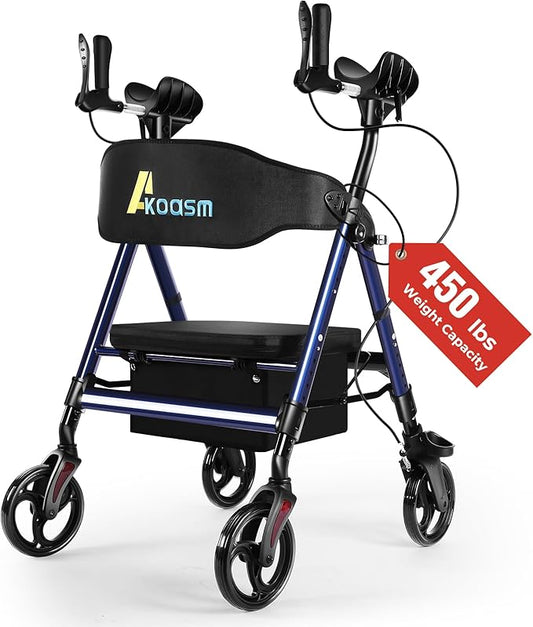 Heavy Duty Upright Walker, Rollator Walkers for Seniors with Seat, Foldable Stand Up Rolling Walker, Standing Walkers for Seniors, Adjustable Seat & Handle, Aluminum, 450 Lb. Weight Capacity, Blue