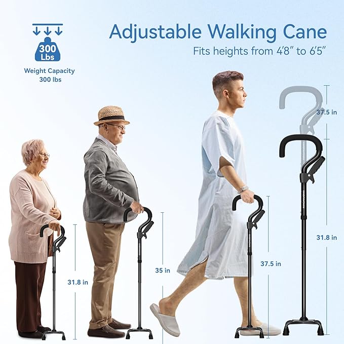 KingPavonini Canes for Women/Men with Second Handle, Foldable & Adjustable Walking Cane with 4-Pronged Base, Quad Cane for Stability, Standing, Balance, Leg Surgery Recovery