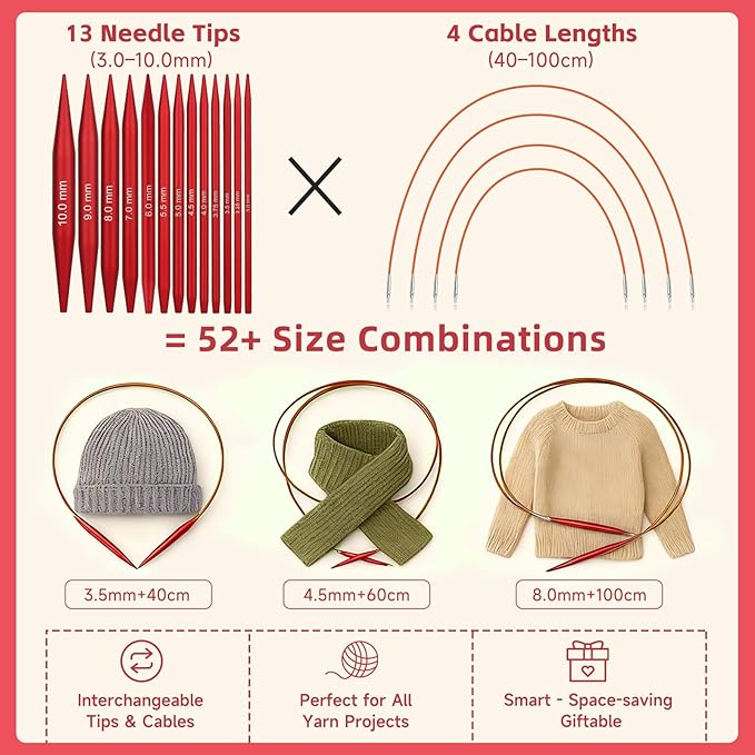 Interchangeable Circular Knitting Needles Set, 13 Pairs (26pcs) Matte Red Aluminum Knitting Needles Kit, Sizes 3.0mm–10.0mm, Knitting Needle Case & Accessories for Knitting Beginners & Advanced