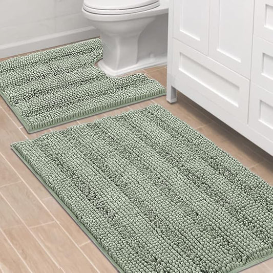 H.VERSAILTEX Bathroom Rugs Bath Rug Set 2 Piece Bathroom Contour Rug Toilet Mat Sets Non Slip Contour Bath Rug Ultra Thick Water Absorbent Striped Bath Mats Washable(36" x 24" Plus 20" x 24" U, Sage)