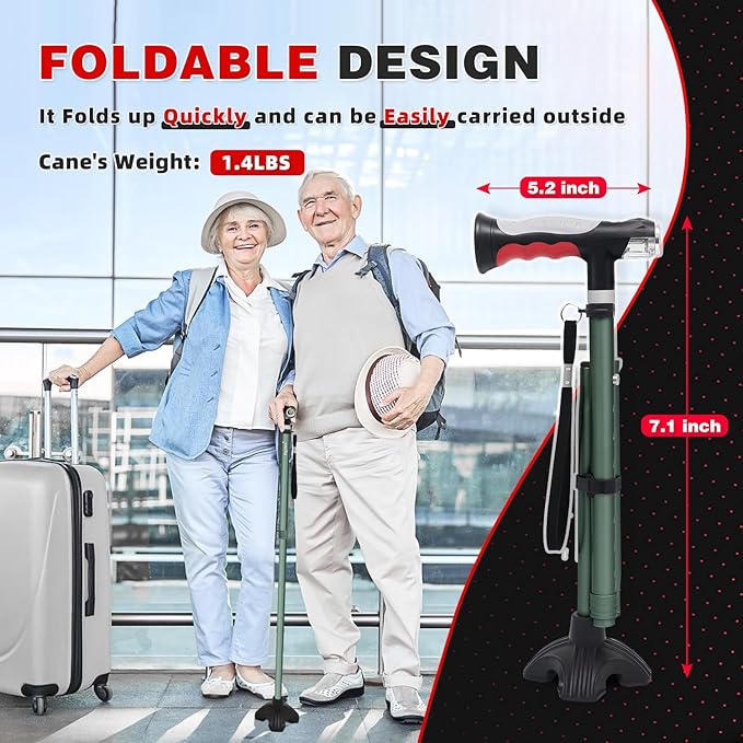 BigAlex Folding Walking Cane with Two Led Lights for Elderly Solid Base Adjustable Walking Stick with Carrying Bag for Men Women