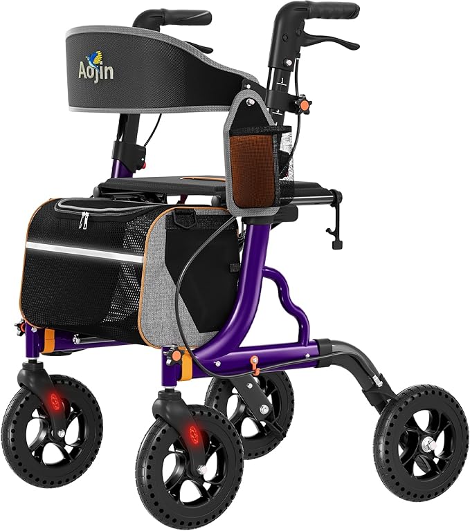 Rollator Walker for Seniors with Seat, Lightweight & Foldable, 8" All-Terrain Wheels, 18" Big Seat, 6-Level Adjustable Height Rolling Walker, 350 lb Capacity, Purple