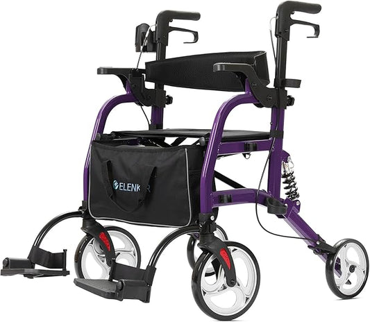 ELENKER 2 in 1 Rollator Walker & Transport Chair for Seniors, Folding Rolling Walker Wheelchair Combo with Wide Seat and Shock Absorber, Purple
