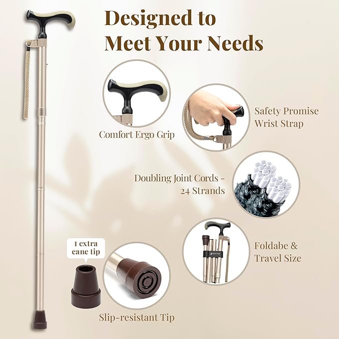 Merry Sticks Lightweight Foldable Walking Canes for Women and Men, Adjustable & Collapsible Walking Stick for Seniors, Non-Slip Ergonomic Handle with 1 Extra Replacement Cane Tip – Jet Black
