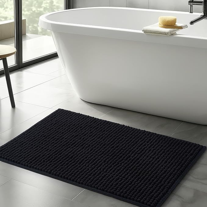 FRESHMINT Thick Chunky Chenille Bathroom Rugs 24"x36", Non Slip Bath Mat for Bathroom Floor, Large Soft Bathroom Decor Accessories, Cute Shower Mat Water Absorbent, Washable, Black