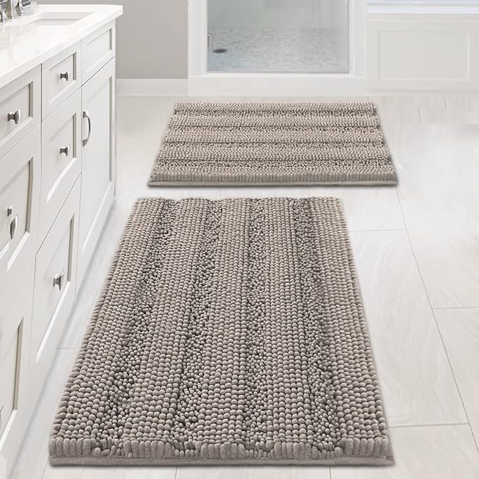 Non Slip Thick Shaggy Chenille Bathroom Rug Mat Set Extra Soft and Absorbent Striped Floor Rugs, 2 Piece, Machine-Washable