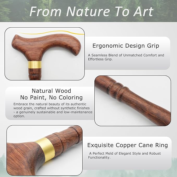 Wooden Walking Canes for Men and Women, Natural Rosewood Walking Sticks for Senior Support, Up to 500 Lbs Walking Stick, Heavy-Duty Walking Cane for Men, Suitable for Gift Giving