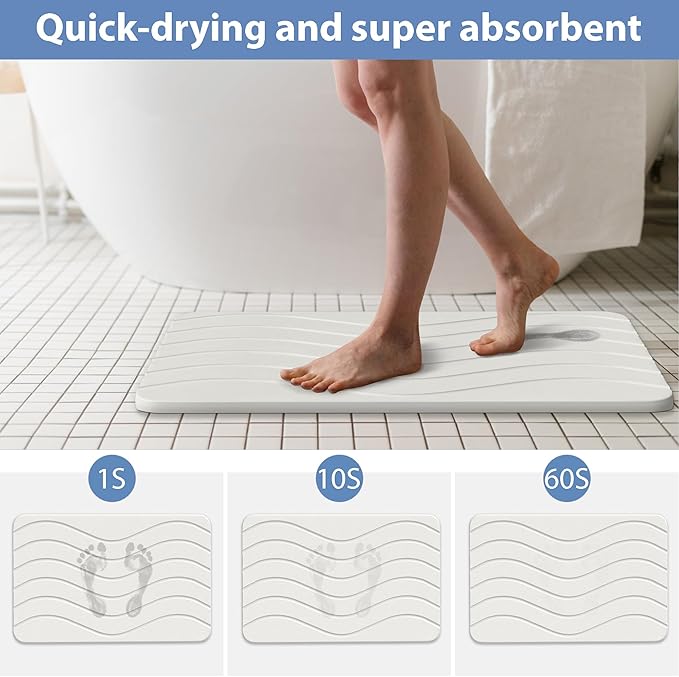 Absorbent Stone Bath Mat, Diatomaceous Earth Shower Mats, Non-Slip Water Absorbing Diatomite Stone Mat for Bathroom Floor, Quick-Drying Easy to Clean (23" x 16" White)