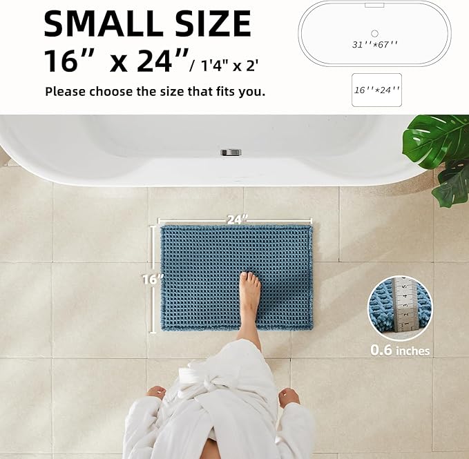 Waffle Bath Mat, Boho Bathroom Rugs Non Slip Washable Super Absorbent Quick Dry Bath Mat Farmhouse Bathroom Decor, 24"x16" Denim Blue