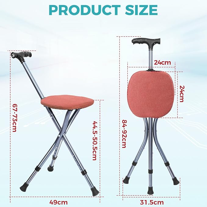 Portable Adjustable Folding Walking Cane with Seat and Cushion，Cane seat for Seniors with Magnetic Massage Handle, Lightweight Walking Cane with LED Light，Supports up to 330 Pounds