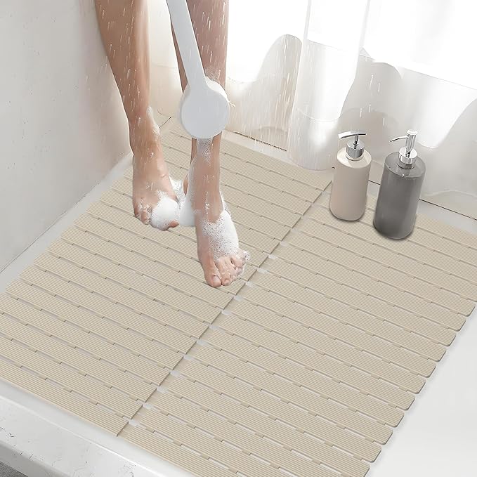 Shower Mat Non-Slip Bath Mat for Tub and Shower Stall,200+ Suction Cups with Drain Holes, Quick Dry Machine Washable, Extra Grip for Elderly and Baby, Bathroom Essentials 24x24 Inch (Light Brown)