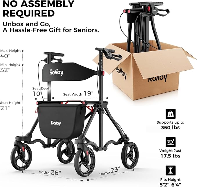 Rollator Walkers for Seniors with Seat, Lightweight Ultra-Compact Travel Rolling Walker, 350lbs Capacity, Heavy-Duty Extra-Wide Seat, Easy Folding, Height Adjustable for Tall Over 6ft, 8" Big Wheels