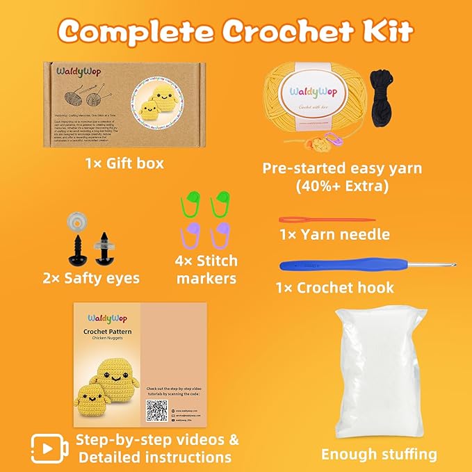 WaldyWop Crochet Kit for Beginners Kids: 2 PCS Easy Complete Knitting Kit with Step by Step Video & Written Tutorials, Soft Yarns (Extra 40%), Hook - Birthday Gift Set for Girls (Chicken Nuggets)