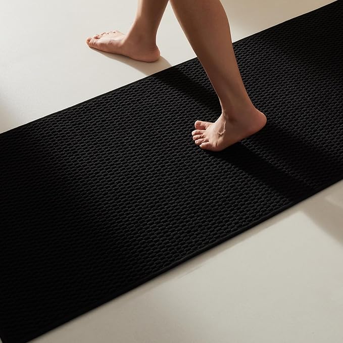 Black Bathroom Runner Rug, Long Bath Mat Washable Thin Quick Dry Low Pile Bathroom Runner Rugs 24 x 60 Non Slip, Black 24''x60''