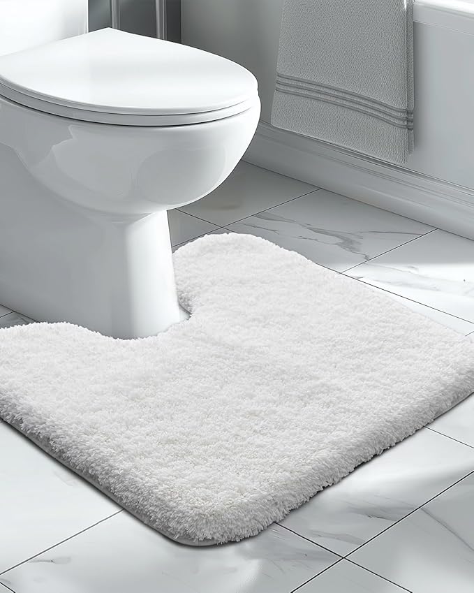 White Toilet Rug 22x24 Non Slip Fluffy Toilet Floor Mat U Shaped Washable Bathroom Contour Rug for Toilet Absorbent Shaggy Toilet Foot Rug