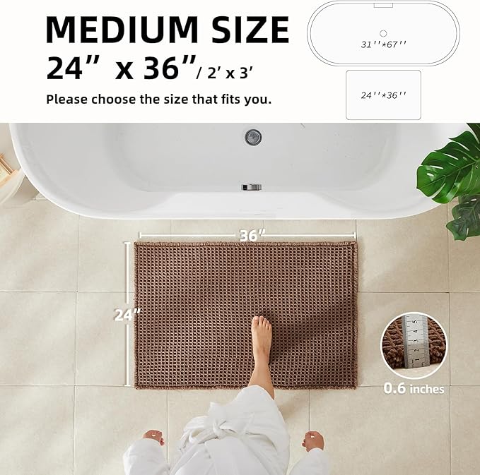 Waffle Bath Mat, Boho Bathroom Rugs Non Slip Washable Super Absorbent Quick Dry Bath Mat Farmhouse Bathroom Decor, 36"x24" Mocha