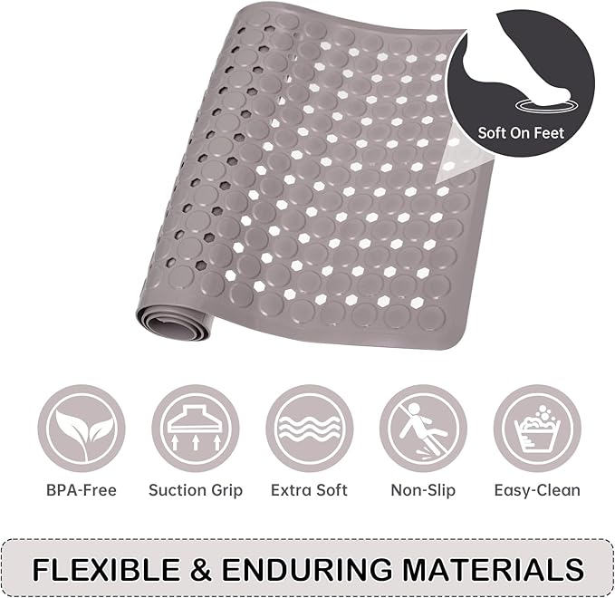 Linoows Non-Slip Bathtub and Shower Mats, Power Grip Bath Mat 35 x 16.3 Inch with Suction Cups and Drain Holes for Tub Bathroom Floor Safety, Machine Washable Soft Bathmat, Tan