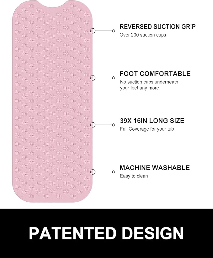 OTHWAY No Suction Cup Bath Mat: 39x16inch Extra Long Bathmat│Perfect for Refinished Bathtub Mat│Made of Nature Rubber│a Blessing for The Elderly and Children (Pink)