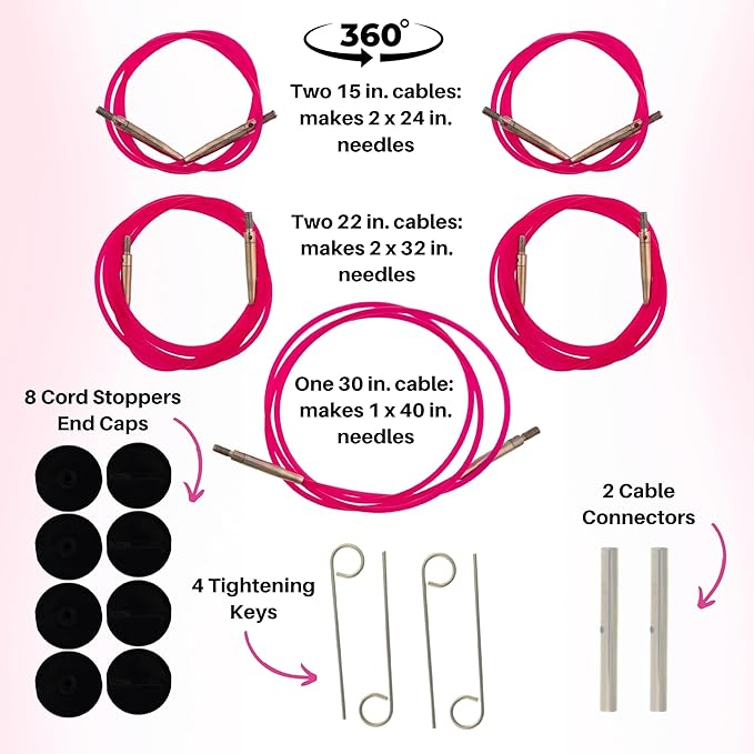 Lykke Blush 5 in. Complete Set US Sizes 4, 5, 6, 7, 8, 9, 10, 10.5, 11, 13, 15, 17 Interchangeable Circ. Knitting Needles for DK, Worsted, Chunky Yarns, Birch, 5 Cords, Fuchsia DM Case, Project Bag