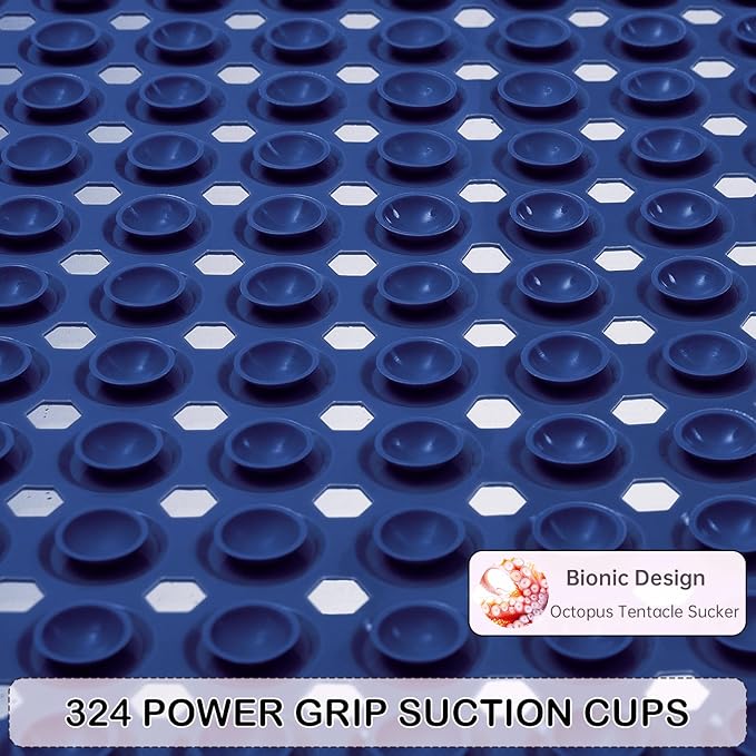 Linoows Non-Slip Bathtub and Shower Mats, Power Grip Bath Mat 35 x 16.3 Inch with Suction Cups and Drain Holes for Tub Bathroom Floor Safety, Machine Washable Soft Bathmat, Navy Blue