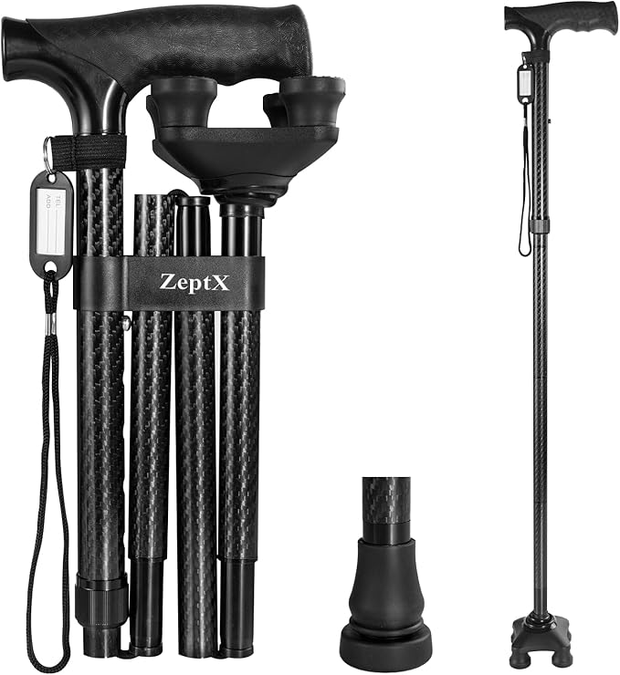 Folding Walking Quad Cane for Men and Women,Ultra Lightweight Sturdy Height Adjustable Nonslip Rubber Tips Free Standing Cane,Collapsible Walking Sticks for Seniors & Adults [Black]