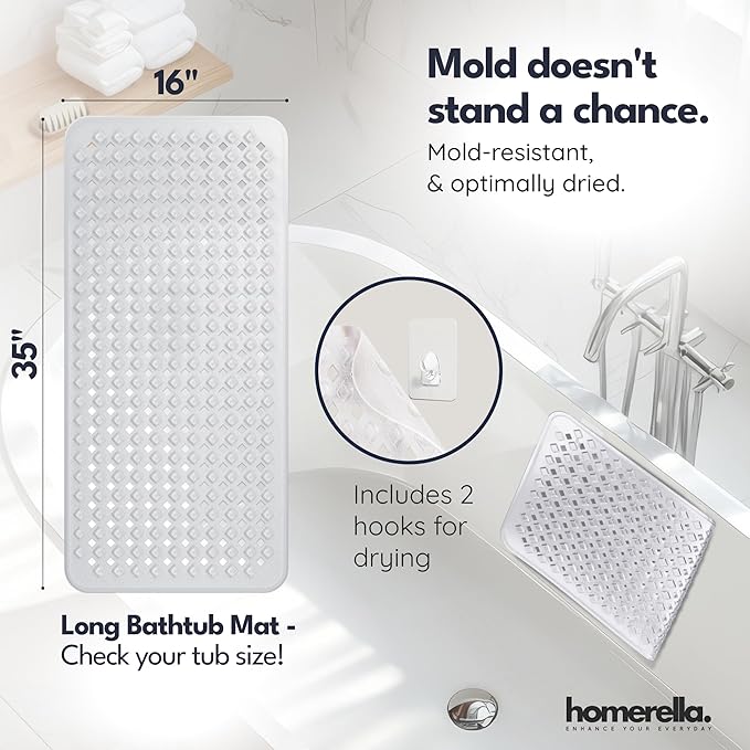 homerella® Bathtub Mat Non Slip 35x16, Incl. Hooks for Drying, Extra Long, 100% BPA Free, Shower Mat Non Slip Anti Mold, Machine Washable, Shower Mats for Inside Shower Mildew Resistant