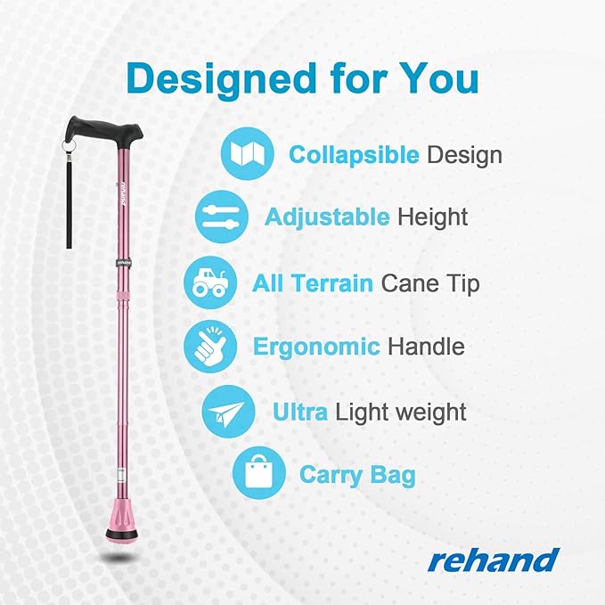REHAND Walking Cane - Foldable, Adjustable, Collapsible Walking Canes for Men & Women, Heavy Duty All Terrain Tip, with Travel Bag | Walking Sticks for Seniors & Adults