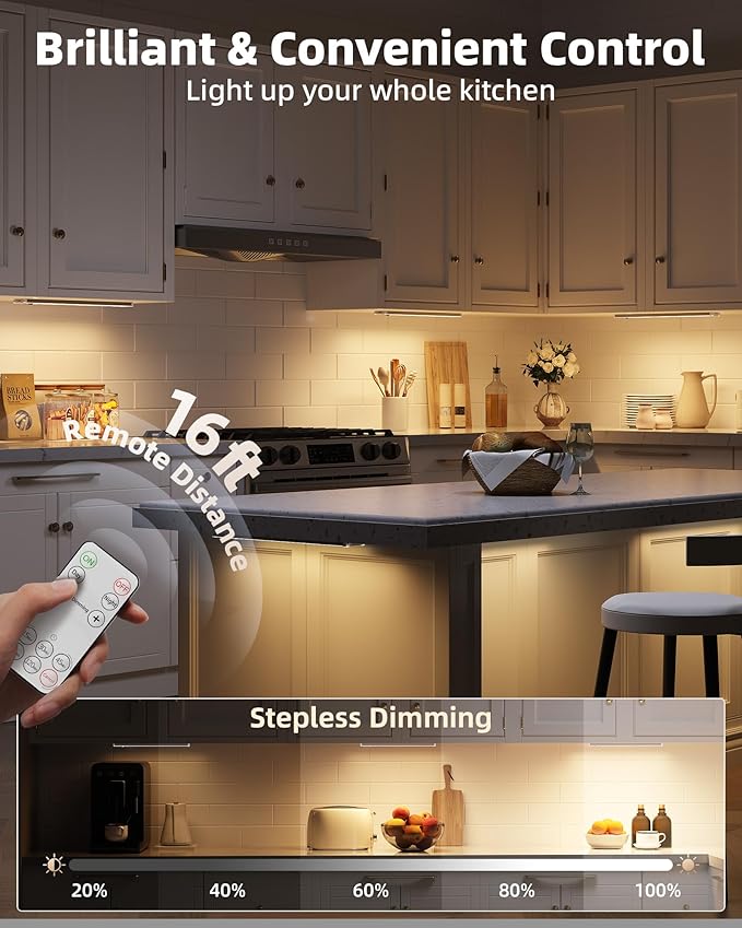 EZVALO 5 Pack Under Cabinet Lighting, Rechargeable Motion Sensor Light, LED Closet Lights Wireless, 3500K Dimmable, Timer, Magnetic, with Remote Control for Kitchen, Closet, Stair