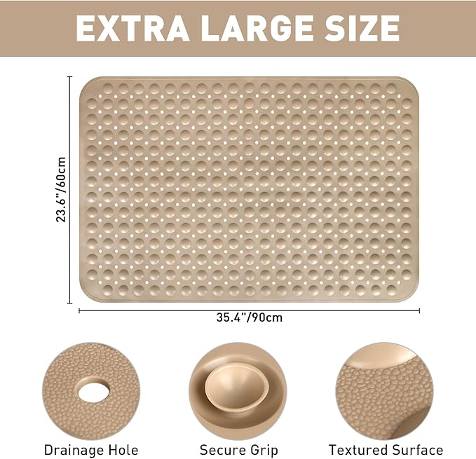 Shower Mat Non Slip: 35.4 x 23.6 Inch Extra Large TPE Shower Mats for Inside Shower - Anti Slip Shower Stall Matt with Drain Hole and Suction Cups for Elderly